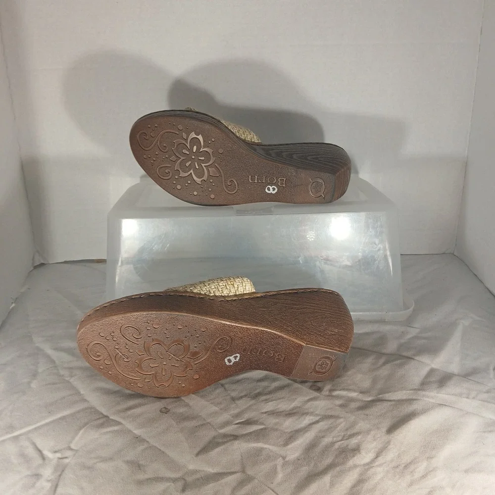 Born Wedge Sandals 7 Tan Brown Woven Raffia Tapestry‎ Boho Thong W62238